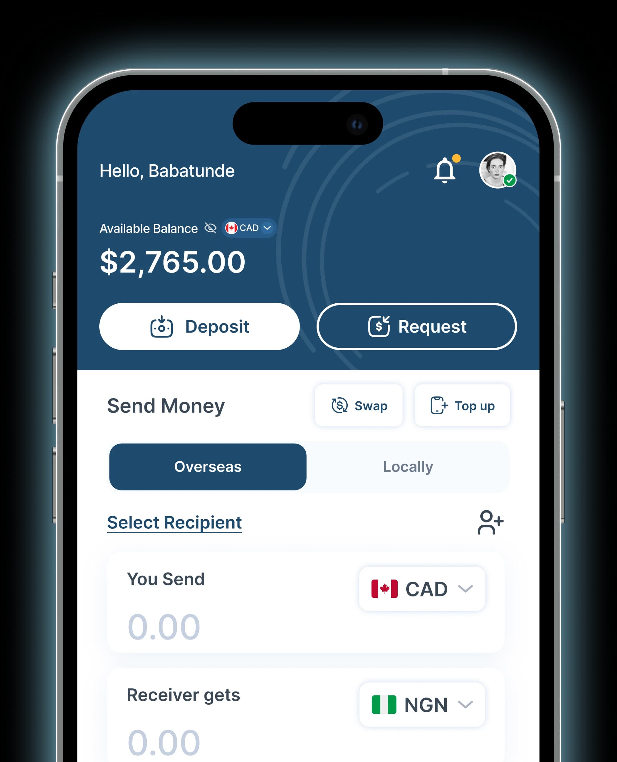 MigraPay mobile app showing a money transfer to Africa